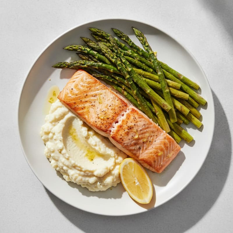 Seared Salmon Fillet with Roasted Asparagus and Cauliflower Mash