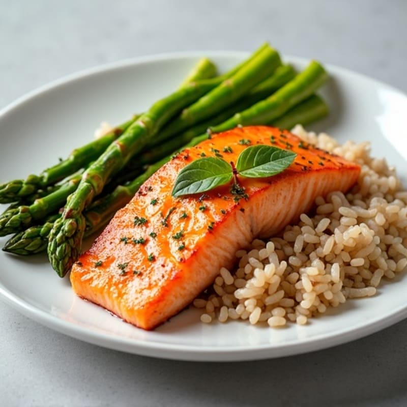 Seared Salmon Fillet with Steamed Asparagus and Brown Rice