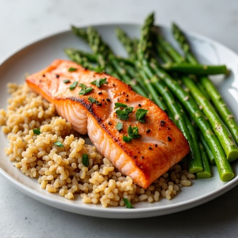 Seared Salmon with Steamed Asparagus and Brown Rice
