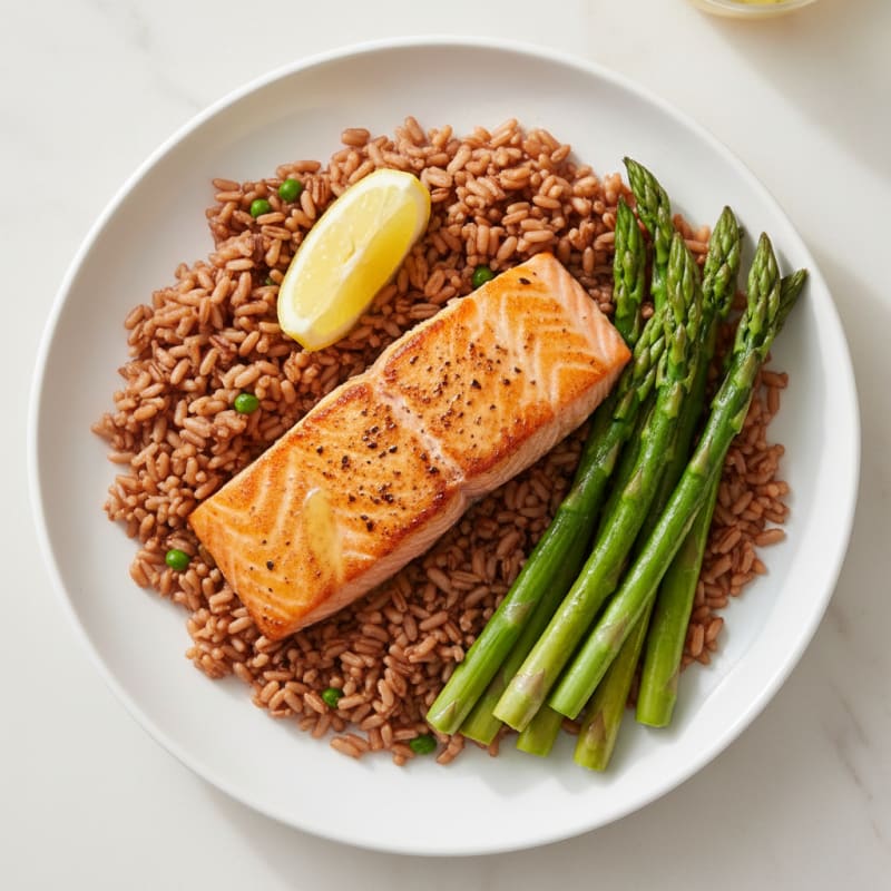 Seared Salmon Fillet with Steamed Asparagus and Brown Rice
