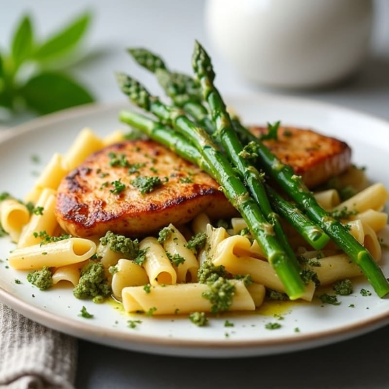 Chicken with Fresh Pesto Pasta and Roasted Asparagus