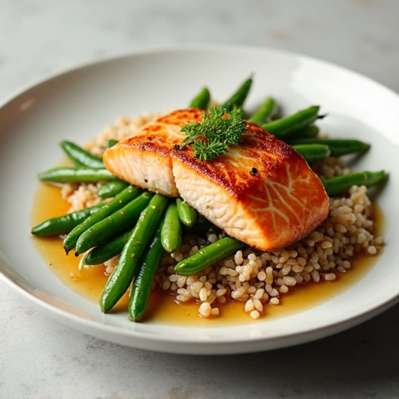 Seared Salmon with Garlic Green Beans and Brown Rice