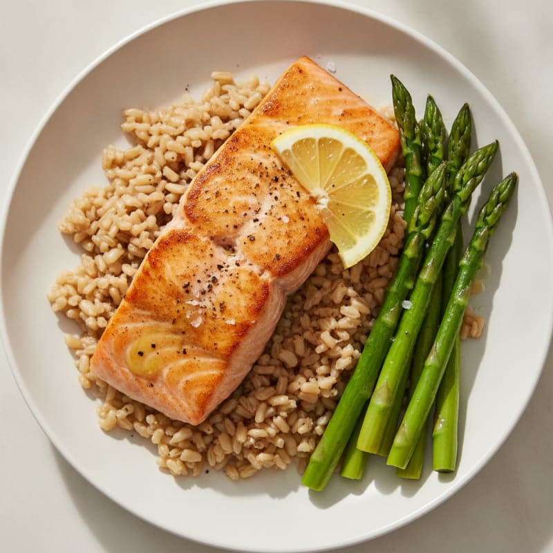 Seared Salmon with Steamed Asparagus and Brown Rice