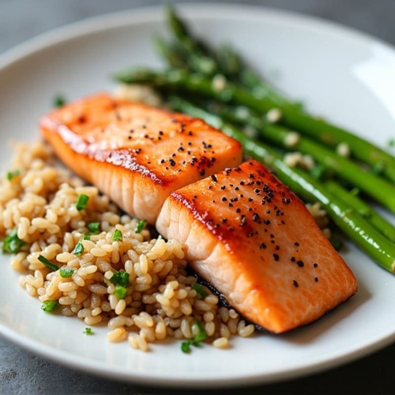Seared Salmon with Steamed Asparagus and Brown Rice