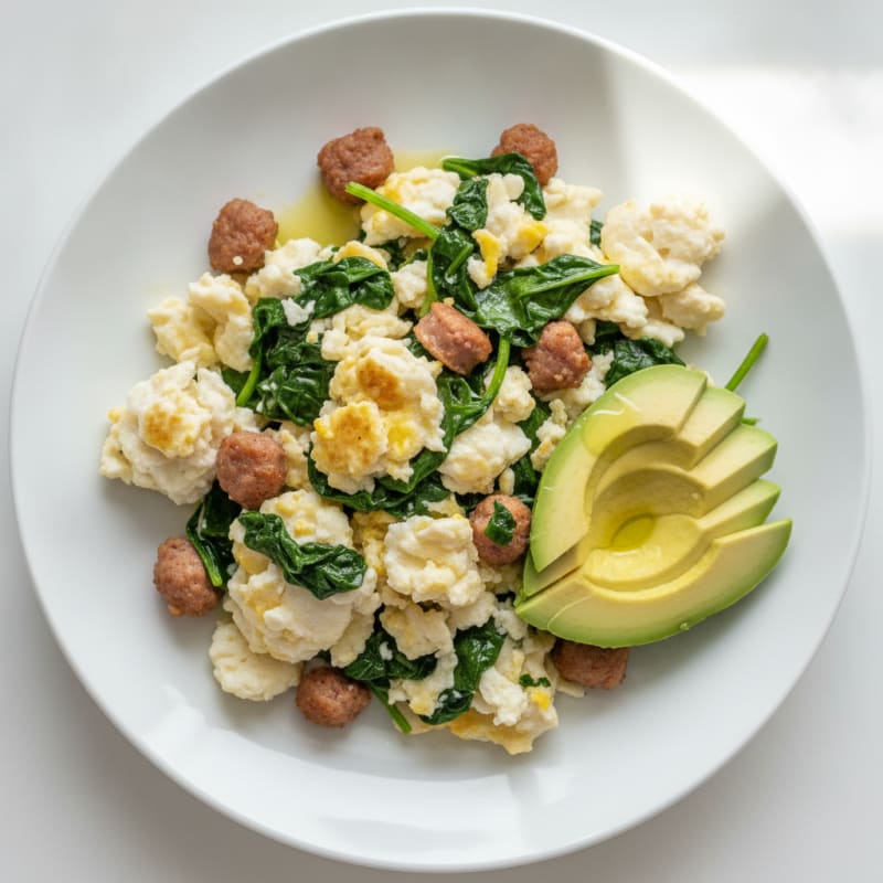 Egg White Scramble with Turkey Sausage and Sautéed Spinach