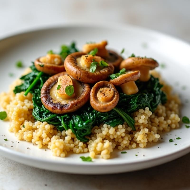 Pan-Seared Oyster Mushrooms with Garlicky Spinach and Quinoa