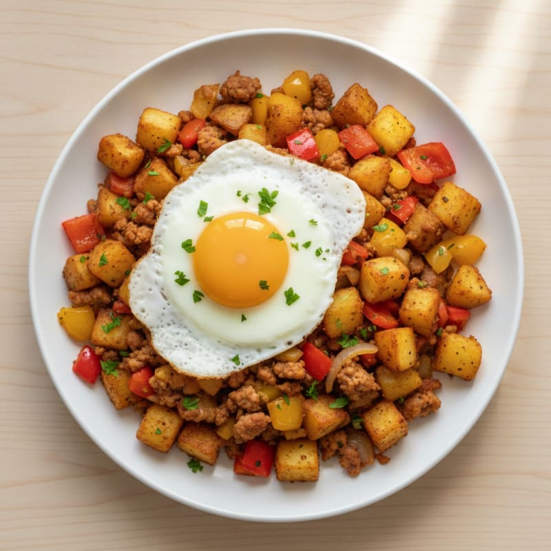 Egg and Turkey Sausage Hash with Crispy Potatoes and Bell Peppers