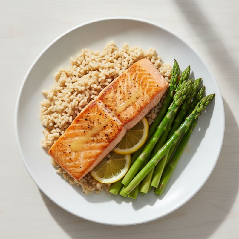 Seared Salmon Fillet with Steamed Asparagus and Brown Rice