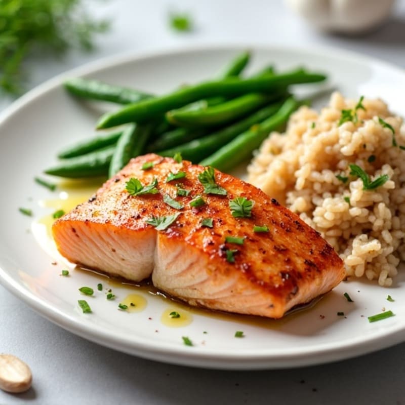 Seared Salmon with Garlic Green Beans and Brown Rice
