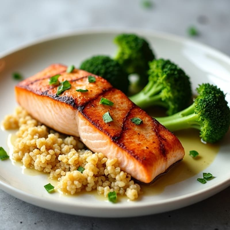 Seared Salmon Fillet with Steamed Broccoli and Garlic Quinoa