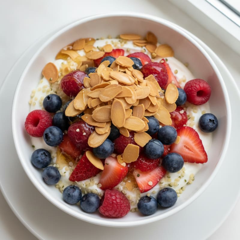 Greek Yogurt Protein Parfait with Mixed Berries and Almonds