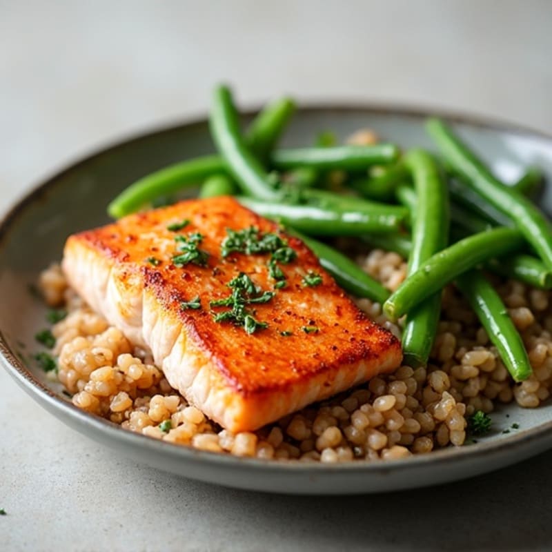 Seared Salmon with Steamed Green Beans and Brown Rice