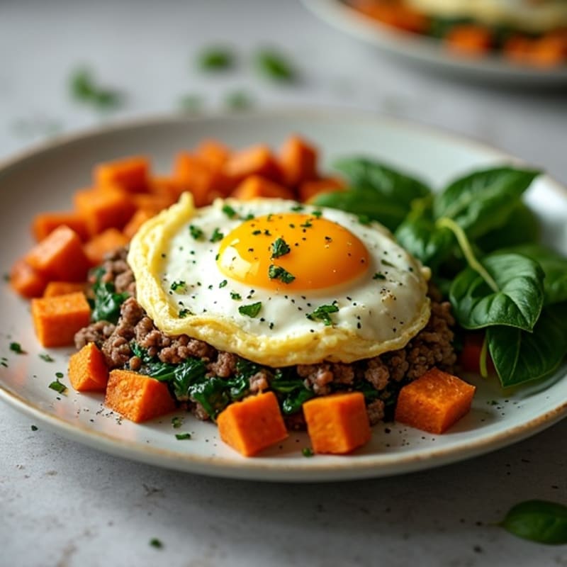 Beef and Spinach Egg Scramble with Sweet Potato Hash