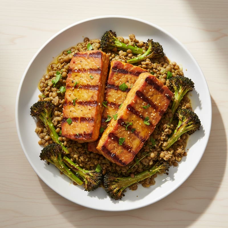 Grilled Tempeh with Roasted Broccoli and Lentil Mash