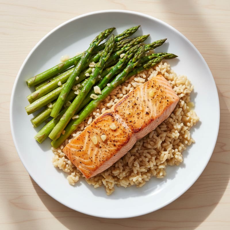 Seared Salmon with Garlic Roasted Asparagus and Brown Rice