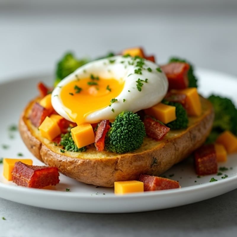 Crispy Baked Potatoes with Lean Turkey Bacon, Melted Sharp Cheddar, and Steamed Broccoli
