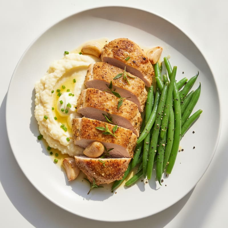 Seared Turkey Breast with Steamed Green Beans and Cauliflower Mash