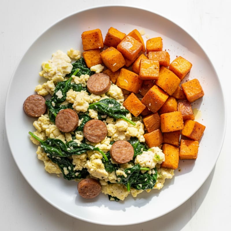 Egg White and Turkey Sausage Scramble with Spinach and Roasted Sweet Potatoes