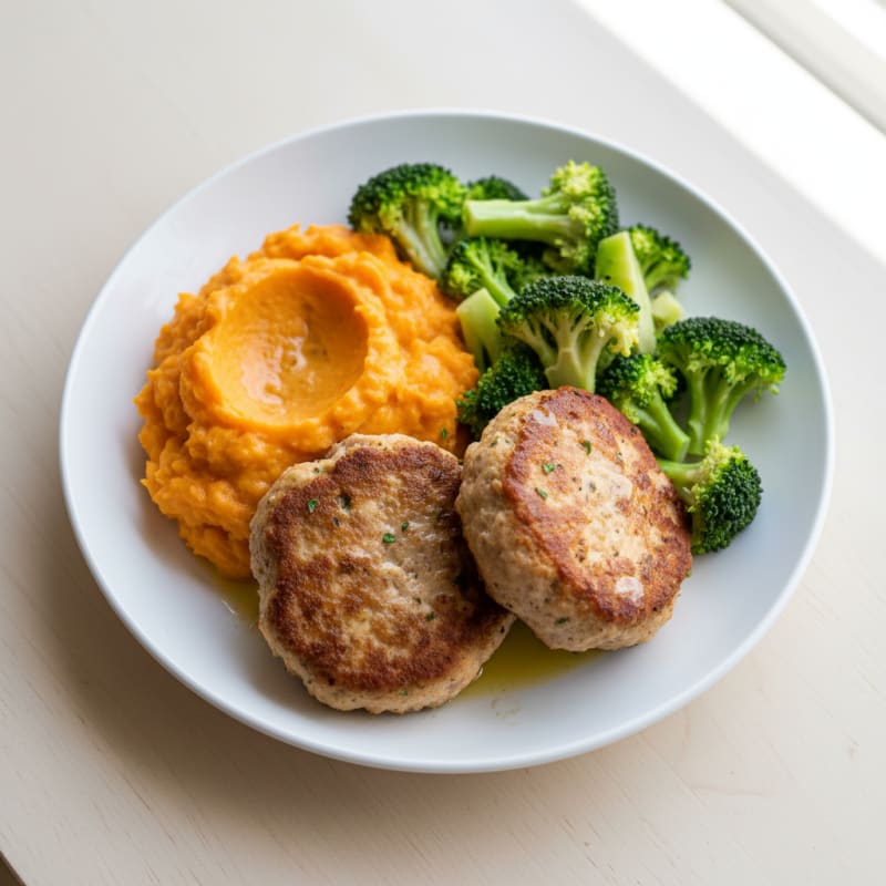 Seared Turkey Patties with Steamed Broccoli and Sweet Potato Mash