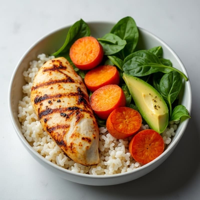 Grilled Chicken Rice Bowl with Roasted Sweet Potatoes and Spinach