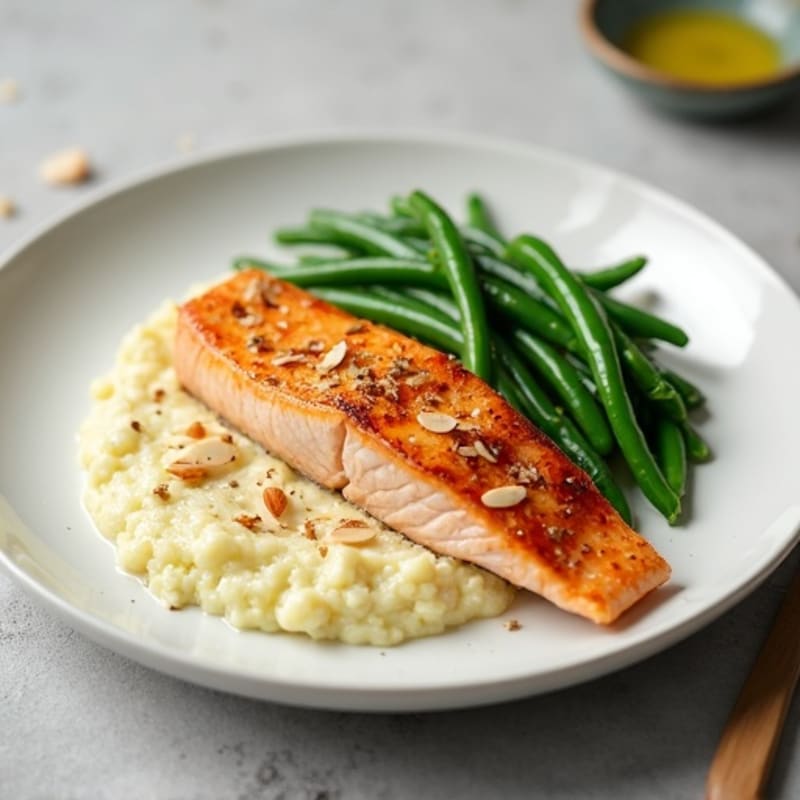 Seared Salmon Fillet with Garlic Green Beans and Cauliflower Mash