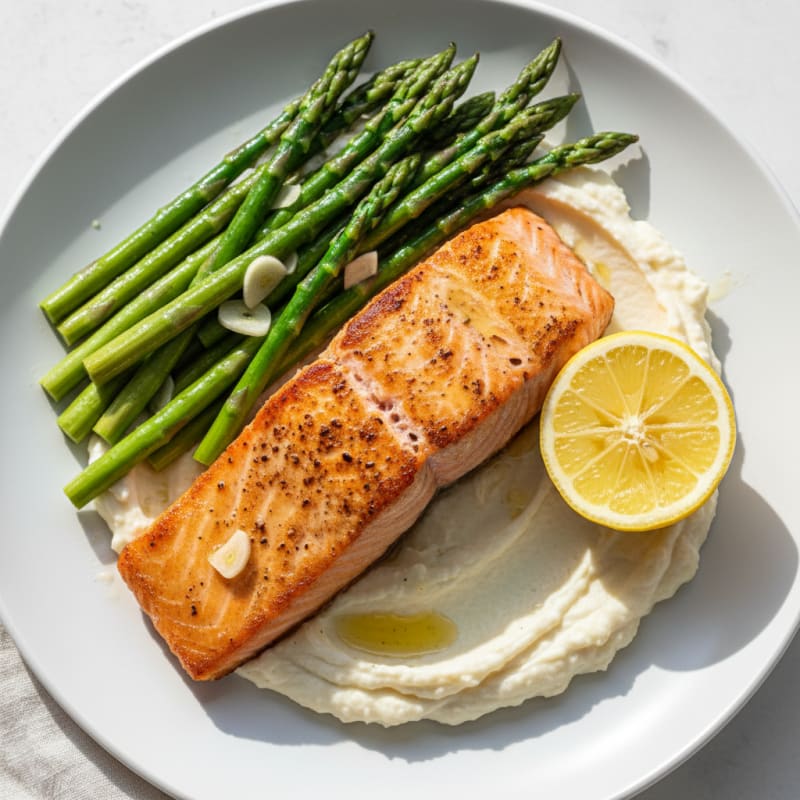 Seared Salmon with Steamed Asparagus and Cauliflower Mash
