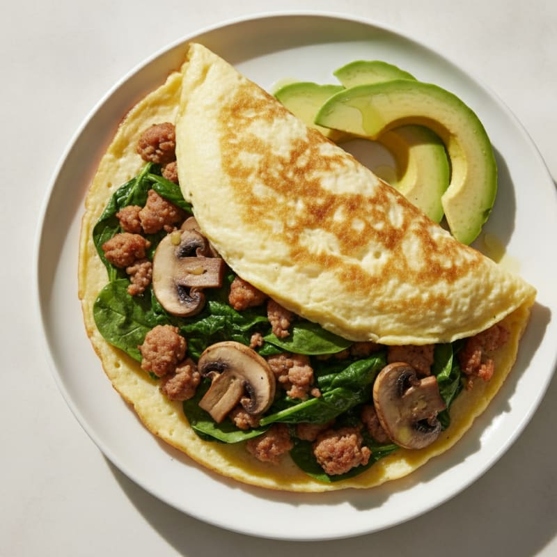 Egg White Spinach Omelet with Turkey Sausage and Sautéed Mushrooms