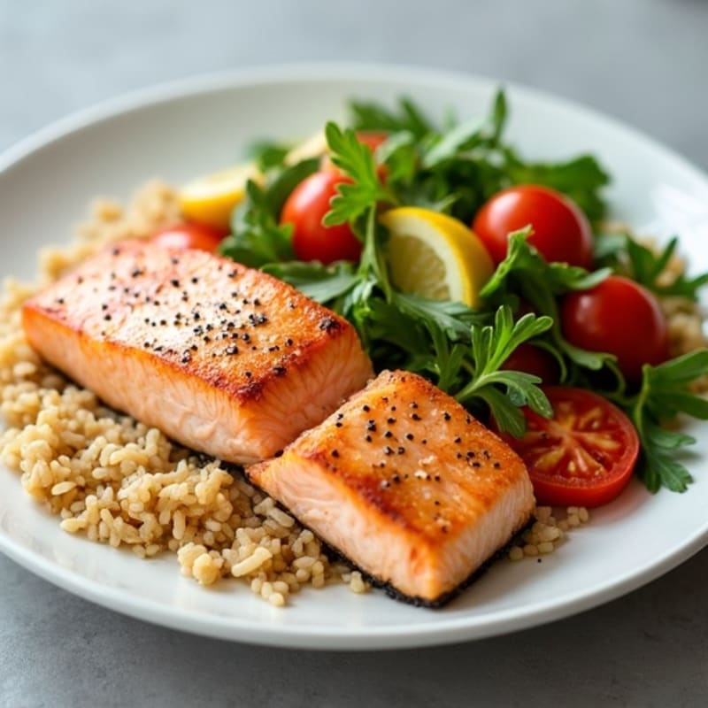 Pan-Seared Salmon with Steamed Vegetables, Jasmine Rice, and Side Salad