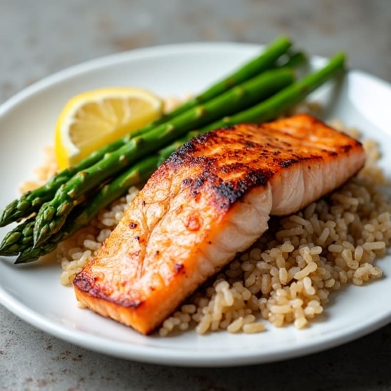 Seared Salmon Filet with Steamed Asparagus and Brown Rice