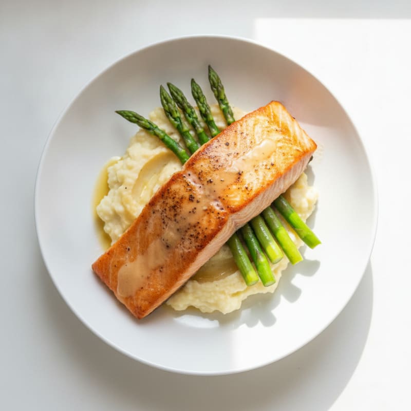 Seared Salmon with Steamed Asparagus and Garlic Mashed Cauliflower