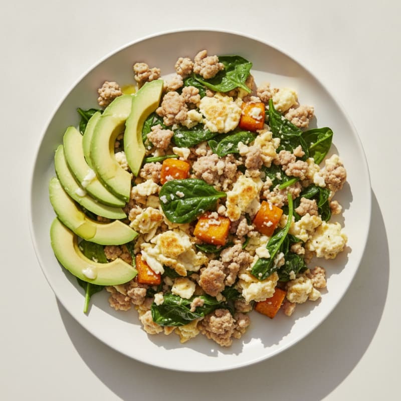 Egg White and Turkey Sausage Scramble with Sautéed Spinach