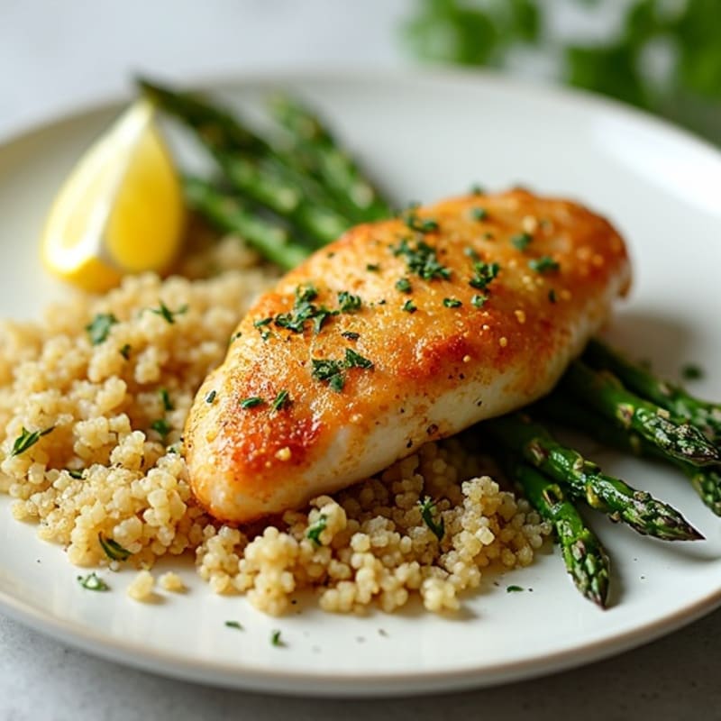 Crispy Lemon-Herb Chicken with Roasted Asparagus and Quinoa