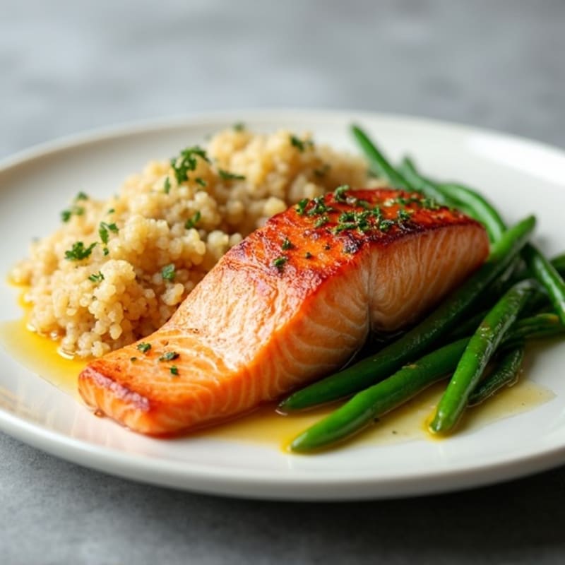 Seared Salmon Fillet with Garlic Green Beans and Quinoa