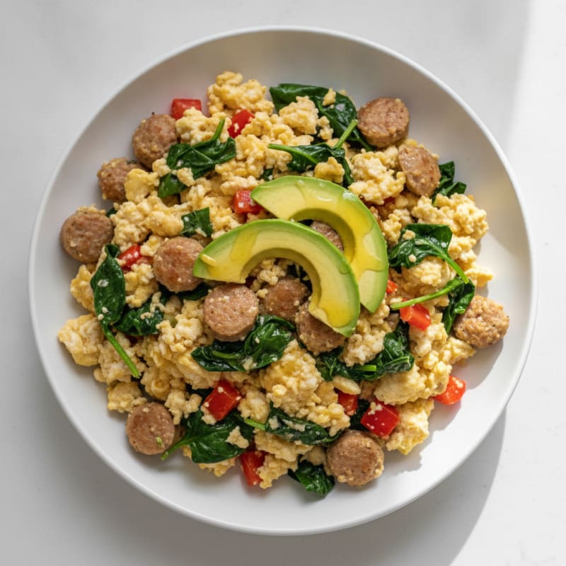 Egg White and Turkey Sausage Scramble with Sautéed Spinach