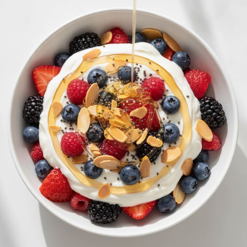 Greek Yogurt Protein Parfait with Mixed Berries and Almonds