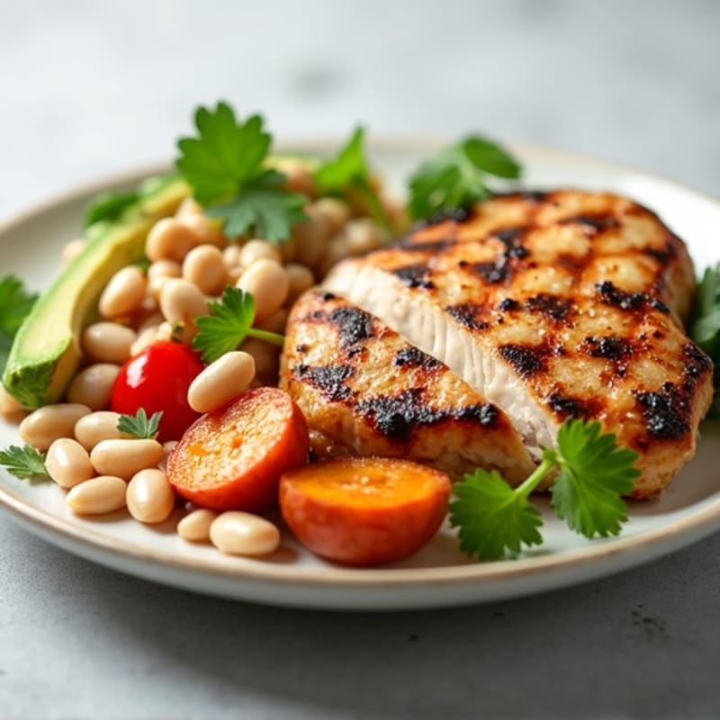 Grilled Chicken Breast with Roasted Sweet Potatoes and Creamy White Bean Salad