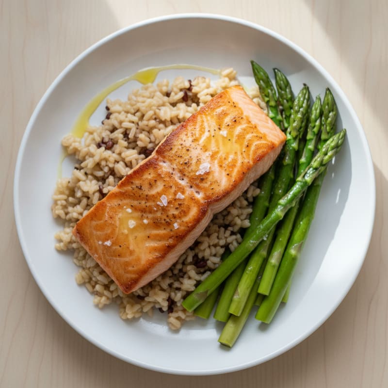 Seared Salmon with Steamed Asparagus and Brown Rice