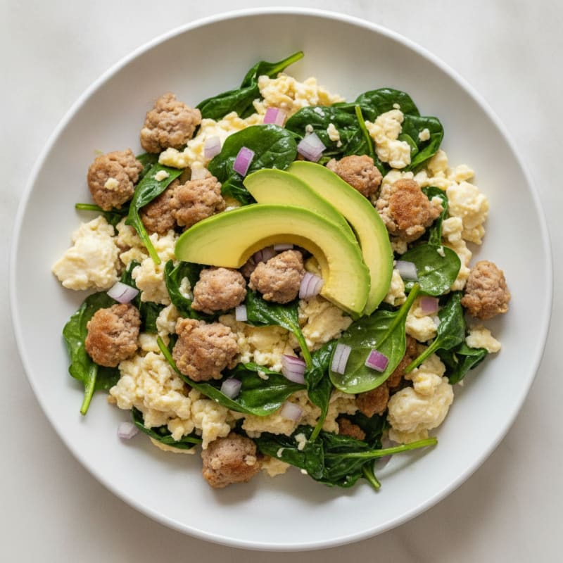Egg White Scramble with Turkey Sausage and Sautéed Spinach
