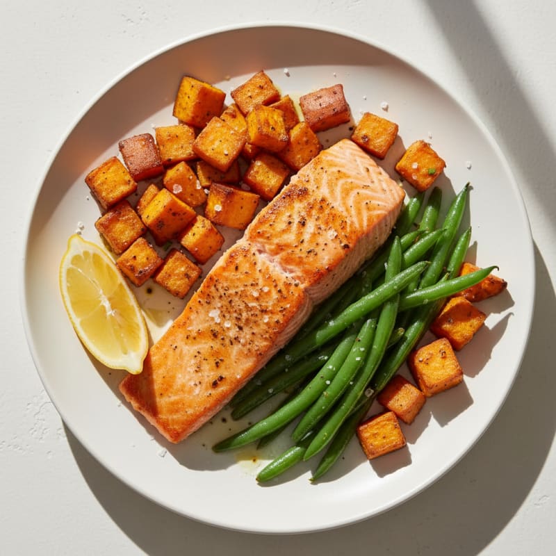 Seared Salmon with Roasted Sweet Potato and Green Beans