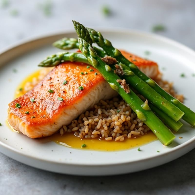 Seared Salmon with Steamed Asparagus and Brown Rice