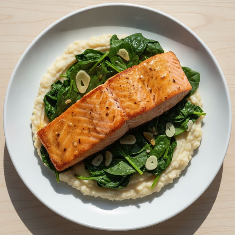 Seared Salmon with Garlic Spinach and Herb White Bean Mash