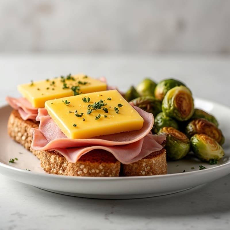 Open-Faced Ham and Swiss Melt with Crispy Roasted Brussels Sprouts
