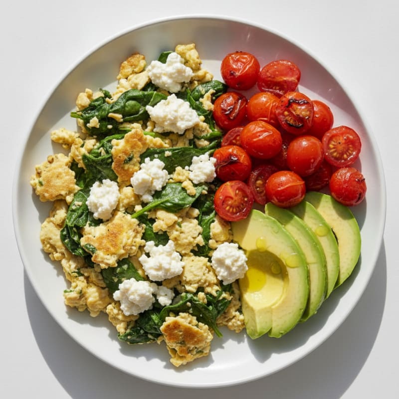 Egg White and Spinach Scramble with Cottage Cheese and Cherry Tomatoes