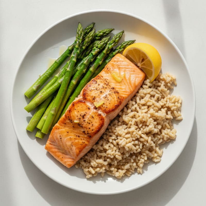 Seared Salmon with Steamed Asparagus and Brown Rice