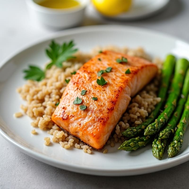 Seared Salmon with Steamed Asparagus and Brown Rice