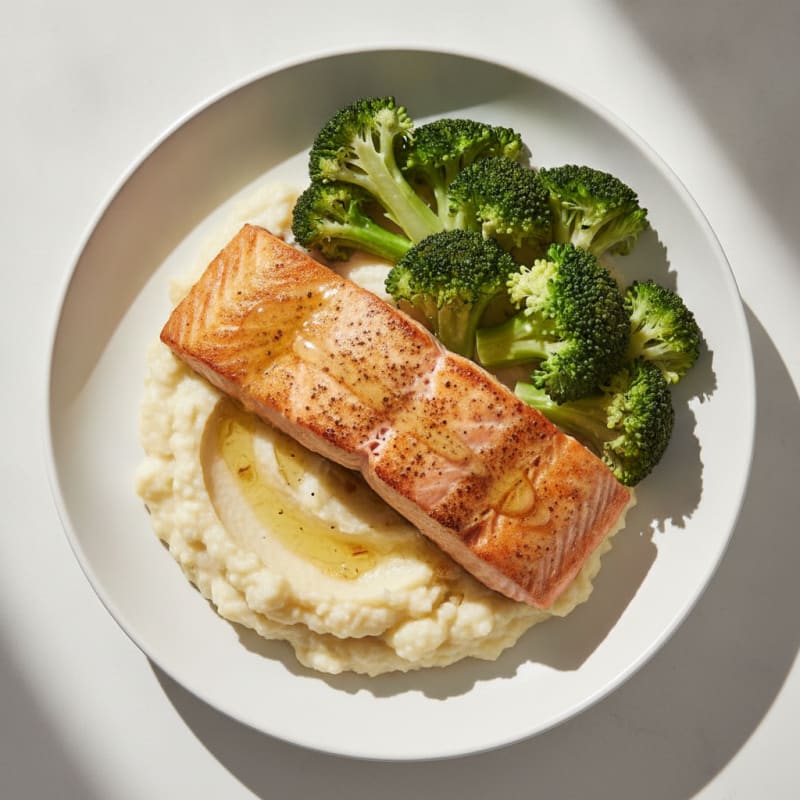 Seared Salmon with Steamed Broccoli and Garlic Cauliflower Mash