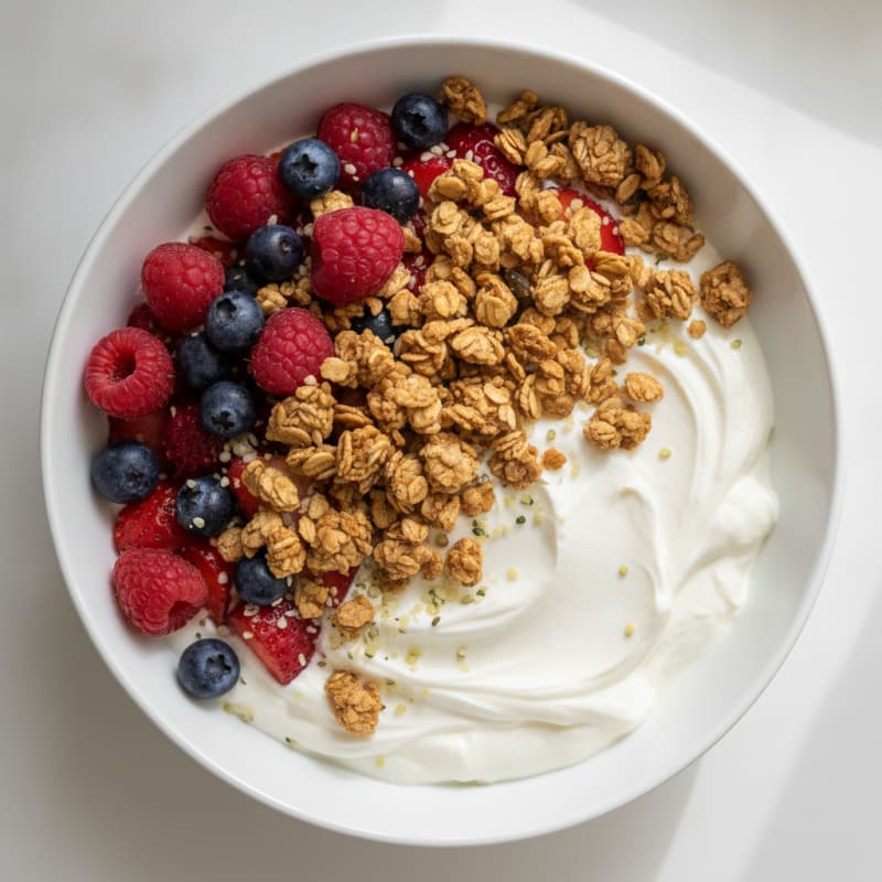 Silky Greek Yogurt Bowl with Chia, Mixed Berries, and Protein Granola
