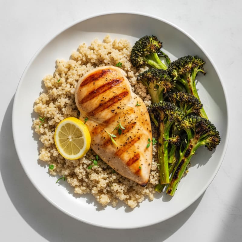 Grilled Chicken Breast over Quinoa and Roasted Broccoli