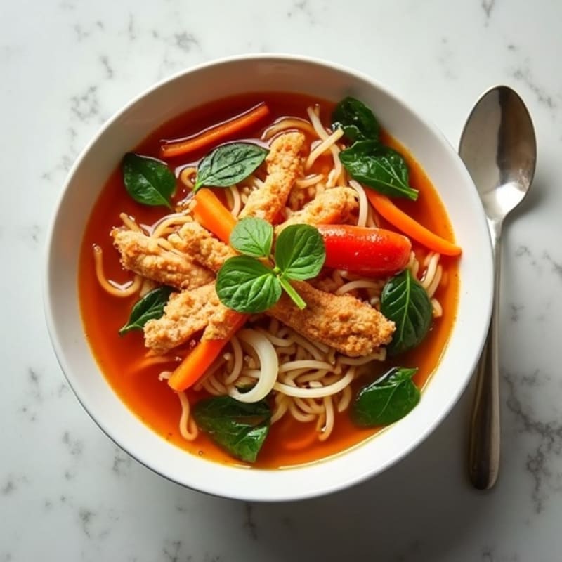 Spicy Sriracha Chicken and Fresh Vegetable Noodle Soup