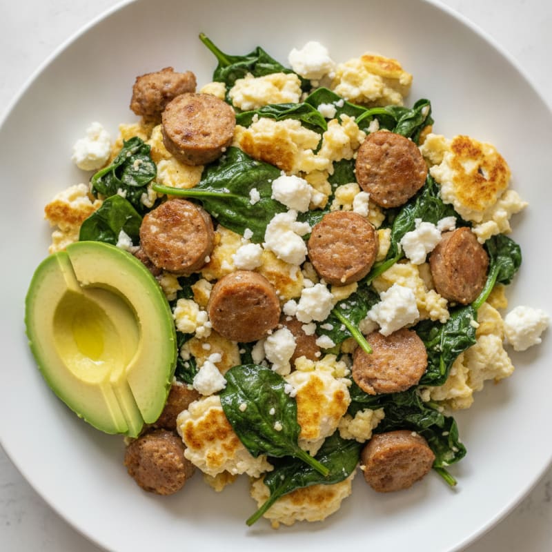 Egg White and Turkey Sausage Scramble with Spinach and Feta